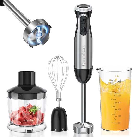 Bonsenkitchen Pureerstaaf, 4-en-1 staafmixer elektrisch, 1000 W, traploze snelheden, roestvrij staal, garde, 500 ml hakbeker en 700 ml maatbeker voor babyvoeding, HB3203 (zwart)