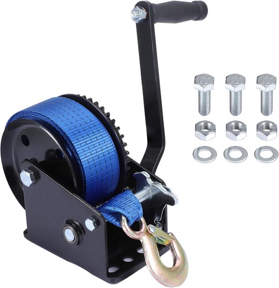 Bootslier riemlier met riem 10m, 800 kg, met terugslagblokkering | Met lasthaak, vergrendelingshendel, schroef, moer en sluitring, voor werkplaats, garage, aanhanger, Dinghi, hout