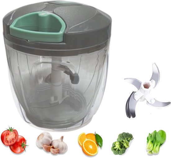 BORVAT® - Groentesnijder met Trekkoord - 900ml - RVS Hakmolen - Second Chopper - Voor Groenten, Fruit & Noten - Handmatige Food Processor - Grijs van Borvat