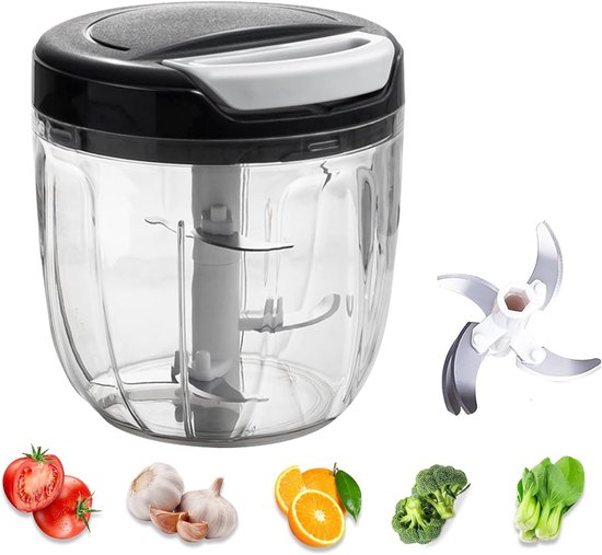 BORVAT® - Groentesnijder met Trekkoord – 900ml – RVS Hakmolen – Second Chopper – Voor Groenten, Fruit & Noten – Handmatige Food Processor - Zwart