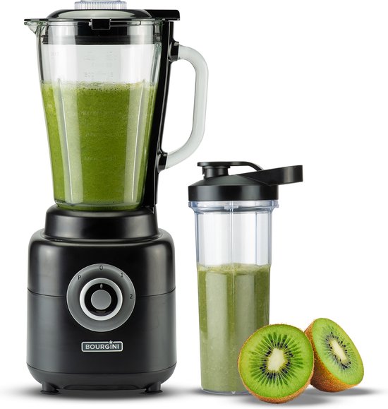 Bourgini - Power Blender - 1,75L - Blender to go met beker - Smoothie blender en ijscrusher- 1000 Watt - Zwart van Bourgini