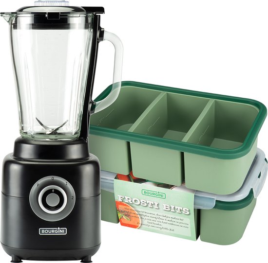 Bourgini Power Blender en Frosti Bits – Smoothie Prep set – 2 Siliconen Meal Prep Bakjes en Power Blender 1.75L – Blender to go - 1000 Watt