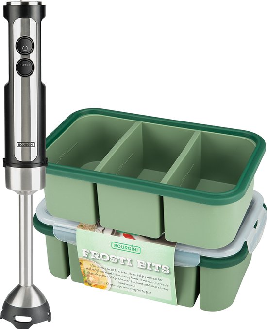 Bourgini Staafmixer Set met Frosti Bits Vershoudbakjes– Soep en Saus Prep set – 2 Siliconen Meal Prep Bakjes en 4-delige Staafmixer Set