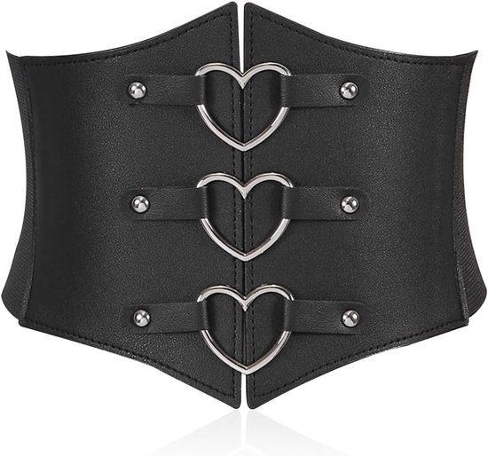 Brede Zwarte Leren Riem voor Vrouwen, Elastische Riem met Hart Ornament, 65 x 17.5 cm, Mode Accessoire voor Casual en Formele Outfits van Merkloos