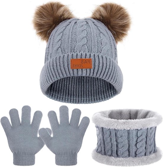 Brenzoos - Set van muts en handschoenen voor kinderen thermo-beanie sjaal 3-in-1 winterhandschoenen jongens en meisjes 1-5 jaar van Brenzoos