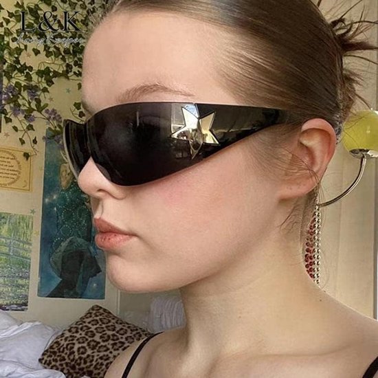 Brillen for Dames, Randloze Schild Wrap Around Zonnebril 2000S Trendy Oversized Mode Frameloze Y2K Bril Shades (Color : As shows, Size : Black black)