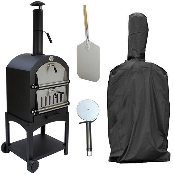 Buiten pizzaoven & hoes - matzwart - 156x64x43cm - incl pizzasteen