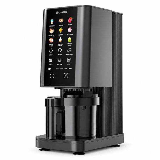 Buvaro IJsmachine, 9-in-1 multifunctionele frozen dessert maker met 3 x 430 ml bakken, dual-layer mix, 200+ DIY recepten, vaatwasserbestendig, voor het hele gezin, zwart
