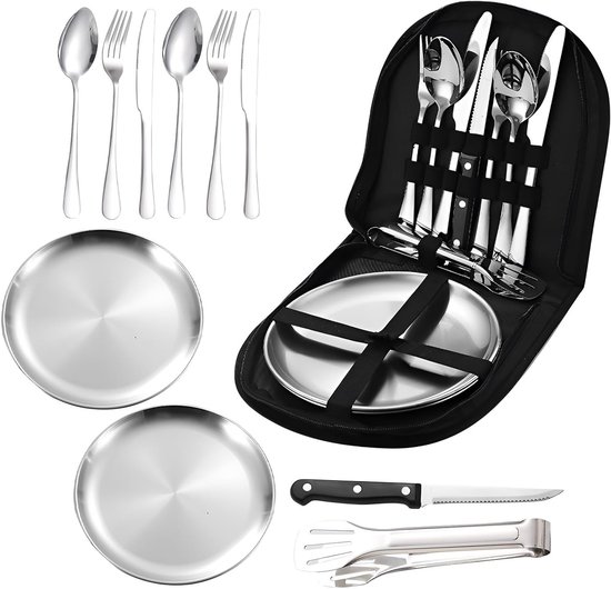 Camping Bestekset van RVS, 10-delig, Ideaal voor Picknicks, Kamperen en Barbecues, Compact en Lichtgewicht van Merkloos