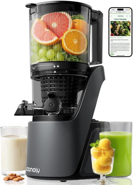 Canoly Slowjuicer 150 mm XXL Vulopening - 3-in-1 Sapcentrifuge voor Sap, Sorbet & Notenmelk - Koud Persen - 2,6L - BPA-vrij - Stille AC Motor - 99,6% Sapopbrengst