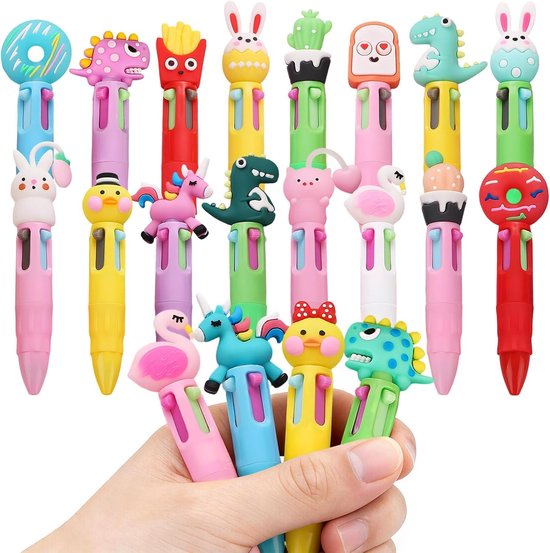 Cartoonpennen voor kinderfeestzakjes, set van 20 schattige novelty pennen in 4 kleuren, meerkleurige balpen, ideaal als eindejaarscadeautje voor de klas, creatief en leuk voor meisjes en jongens