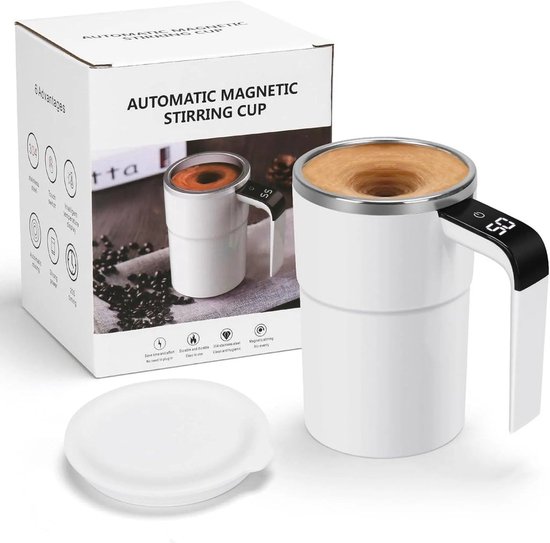 casalora - Zelfroerende Koffiemok - 380 ml elektrische automatische mengbeker - Draagbare - LED-temperatuurweergave - Voor koffie en melk - Wit