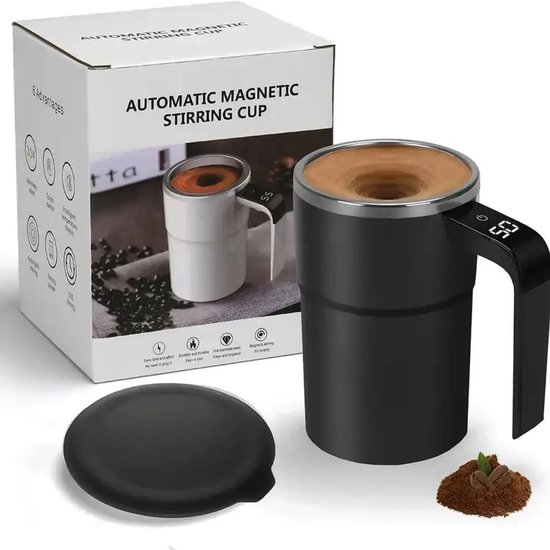 casalora - Zelfroerende Koffiemok - 380 ml elektrische automatische mengbeker - Draagbare - LED-temperatuurweergave - Voor koffie en melk - Zwart