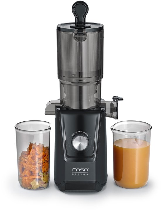 CASO Juice Fit Slow Juicer – 200W – Matt Zwart – XL Vulopening Ø105 mm – 800 ml Sap- en Pomace container van Caso Design