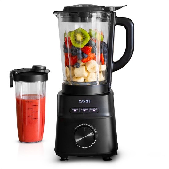 Cavos Blender 1200W - Smoothie Blender met Glazen Kan 1,5L & To-Go Beker 600ml - Ice Crush - Krachtige power blender - 5 Snelheden - RVS - Zwart van Merkloos