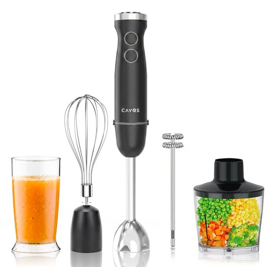 Cavos Staafmixer 5-in-1 set - 1500W - 20 Snelheden + Turbofunctie - Vaatwasserbestendig - Incl. Hakmolen, garde, melkopschuimer & Maatbeker - RVS van Merkloos