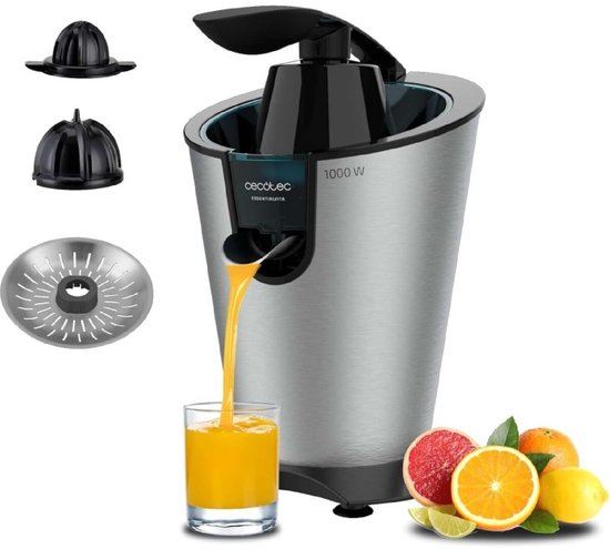 Cecotec Elektrische Zitruspresse für Orangen EssentialVita PowerFresh 1000 Inox. 1000W, Rostfreier Filter, Abnehmbare Kegel, Druckhebel, Tropfstopp-System, Leicht zu Reinigen, Elegantes Design van Cecotec