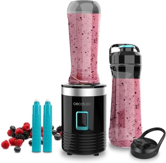 Cecotec Individuele Draagbare Blender Power Titanium 300 EasyGo. 350W, Ijs Verpletteren, 4 Bladen met Zwarte Titanium Coating, Inclusief 2 Koelbuizen, 2 Draagbare Flessen en 2 Deksel