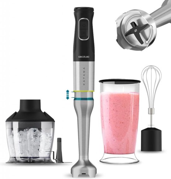 Cecotec Stabmixer Katana TotalDestroy 1200XL Cream&Crush. 1200 W, 21 Geschwindigkeiten und Turbo, 4 Klingen mit schwarzem Titan, Spritzschutzhaube, extra langer Fuß, 800 ml Glas, Zubehörset.