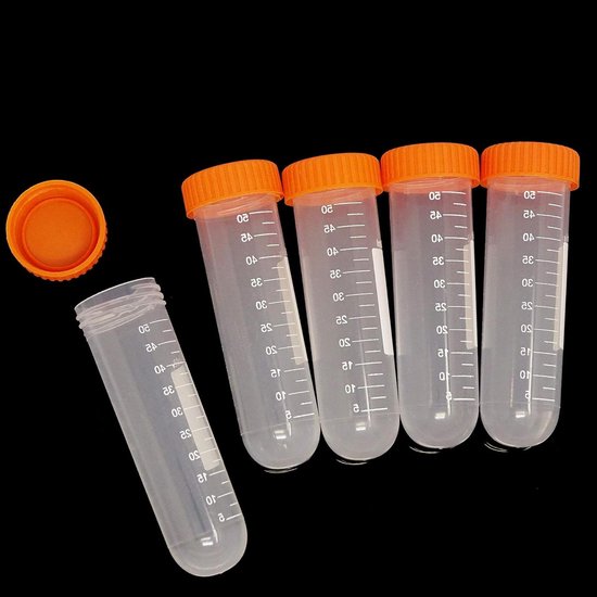 Centrifugebuisjes Kunststof - Laboratoriumbuisjes PP - Monsters Opslaan - Ronde Bodem - 50 ml 10 stuks - Oranje deksel van Merkloos