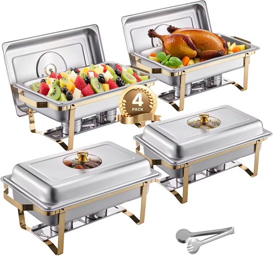Chafing Dish - 4-Delig -Met Deksel - Buffet Set - Catering - Warmhoudset - Voor Feest, Kerst, Buffet, Verjaardag - RVS - Warmhoudschalen - Voedsel Verwamer - Au Bain Marie