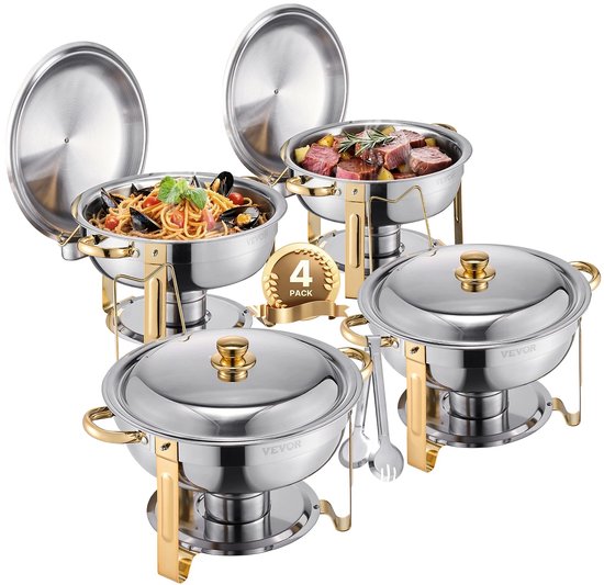 Chafing Dish Buffetset – 4 stuks – RVS warmhoudpannen – 5 liter capaciteit – Opvouwbaar – Voor catering, feest en buffet – Inclusief deksel en serveertang