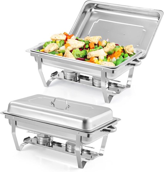 Chafing Dish Set van 2 - 9 Liter (8 Qt) - RVS Buffetwarmer - Inclusief Deksel & Brandstofhouder - Opvouwbaar - Voor Catering, Feesten & Bruiloften - Zilver