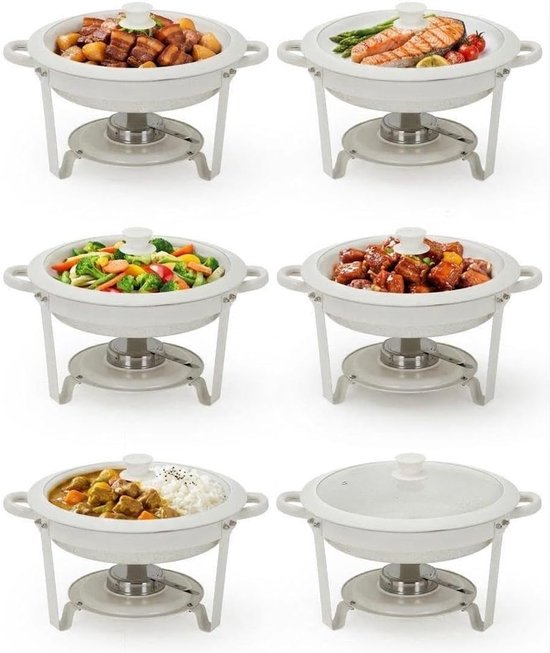 Chafing Dish Set van 6 - 4.7 Liter (5QT) - Ronde Buffet Warmhouders met Glazen Deksel - Wit met Maifaniet Coating - Non-Stick & RVS - Horeca & Catering