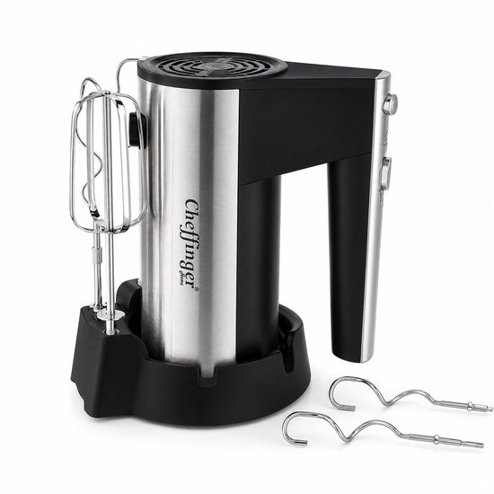 Cheffinger Handmixer 200W RVS - 5 Snelheden - Inclusief Deeghaken & Gardes - Zwart/RVS