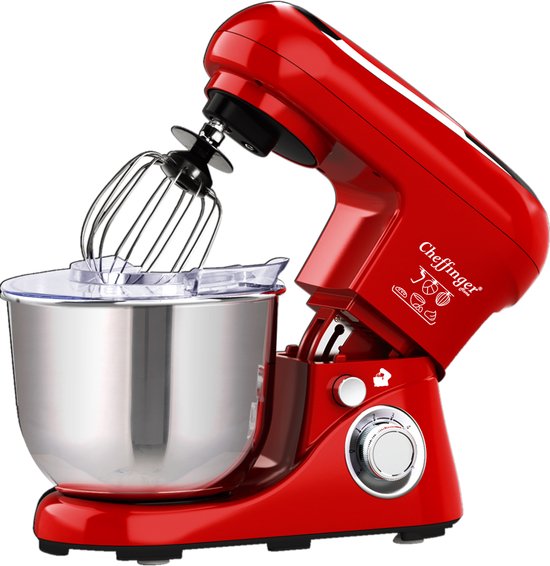 Cheffinger Keukenmixer - Rood - 6.5L Mengkom - Keukenrobot - 3 Accessoires - Keukenmachine - 1600W van Merkloos