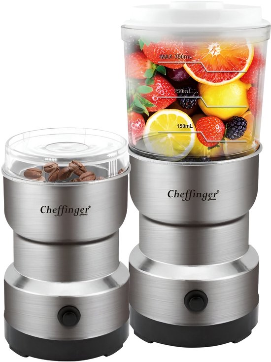 Cheffinger, Mini-Blender 300W 2-in-1 met roestvrijstalen messen en koffiemolenfunctie, Grijs van Merkloos