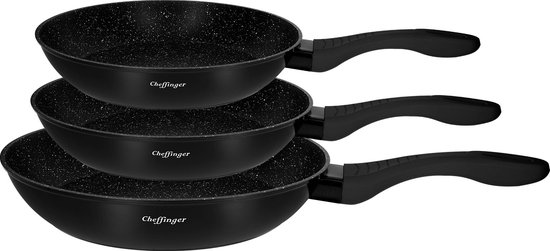 Cheffinger, Set van 3 Koekenpannen met Marmer Effect en Anti-aanbaklaag, Zwart van Cheffinger