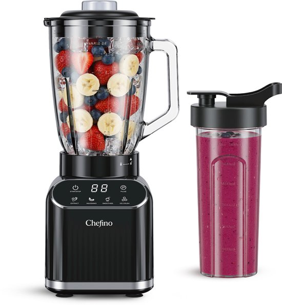 Chefino Blender 1400W – Krachtige Smoothie Blender met Glazen Kan 1,5L – Inclusief 700 ml To-Go Beker – 6-Blads & 4-Blads Mes – IJscrusher – Zelfreinigend – Keukenblender voor Smoothies & Shakes van Merkloos
