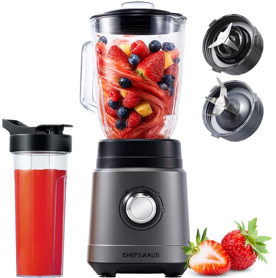 CHEFSHAUS Kitchen Blender - 1,5L Glas & 700ml To-Go beker - Grijs/Zwart - 1200W Smoothie maker - BPA-vrij van CHEFSHAUS