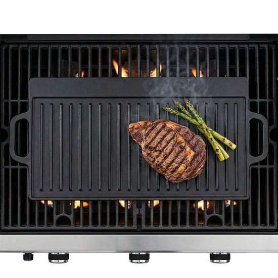 Cheqo® BBQ Grillplaat Gietijzer Dubbelzijdig - Bakplaat - Plancha - Braadplaat - Grillrooster - BBQ Plaat - Geribbeld en Glad - voor Barbecue en Kampvuur - Open Vuur