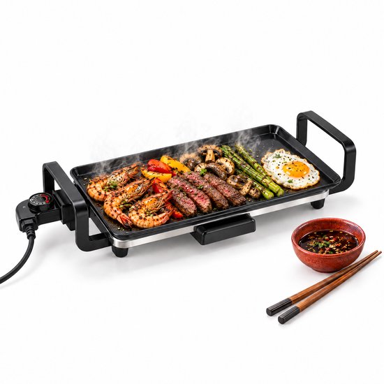 Cheqo® Elektrische Bakplaat 45 cm - Teppanyaki Grill - Grillplaat - Tafelgrill - Gourmetplaat - Plancha - Japanse Grill - Pannenkoekenplaat - Regelbare Thermostaat - PFAS-Vrije Anti-Aanbaklaag - Opvangbakje - Cool Touch Handgrepen