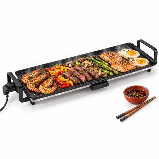 Cheqo® Elektrische Bakplaat 90 cm XXL - Teppanyaki Grill - Grillplaat - Tafelgrill - Gourmetplaat - Plancha - Japanse Grill - Pannenkoekenplaat - Regelbare Thermostaat - PFAS-Vrije Anti-Aanbaklaag - Opvangbakje - Cool Touch Handgrepen
