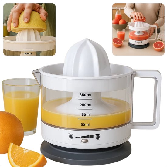 Cheqo® Elektrische Citruspers - Sinaasappelpers - Citroenpers - Vers Geperst Sap - Vaatwasserbestendig - Twee Draairichtingen - Instelbaar Pulpfilter - Sap Reservoir - Compacte Juicer - 350 ml Inhoud - Eenvoudig Schoon Te Maken - Snoeropslag van Merkloos