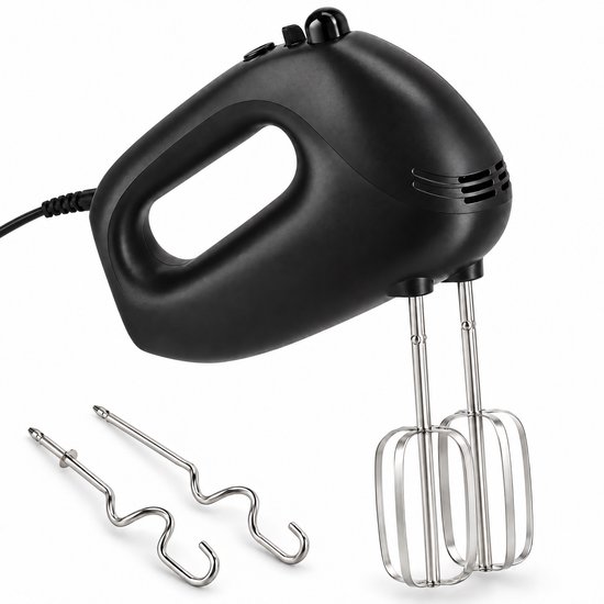Cheqo® Handmixer Elektrisch met Gardes en Kneedhaken - Keukenmixer - 300W - 5 Snelheden met Turbofunctie - Eierklopper - Elektrische Garde - Mixer voor Beslag, Deeg en Slagroom - Handmixer Zwart - Bakbenodigdheden - Keukenapparatuur van Cheqo