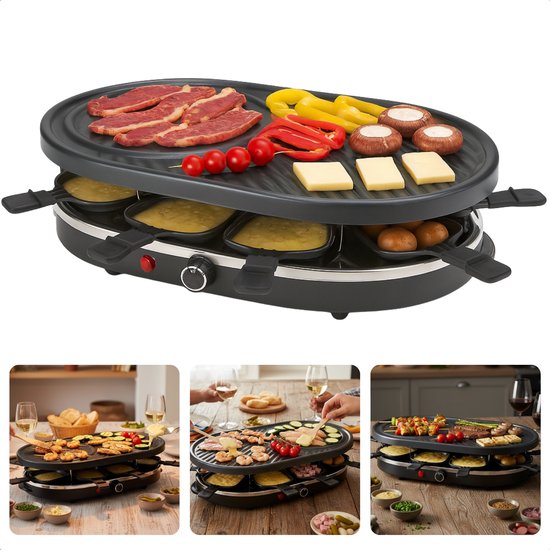 Cheqo® Raclette Grill 8 Personen - Compacte Raclette Grill - Stalen Grillplaat - Antiaanbaklaag - PFAS-Vrij - Gourmet - Gourmetten - Anti-Slip Voetjes - Houten Spatels - Eenvoudig Te Reinigen