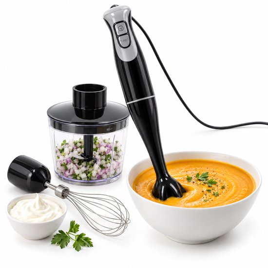 Cheqo® Staafmixer Set 300W met Garde en Hakmolen - Staafmixerset - Handblender met Turbofunctie - Staafblender - Pureerstaaf voor Soep - Hakselaar - Klopper - RVS Messen - 2 Snelheden - Mixer Set - Smoothie Mixer - Keukenmixer - Zwart Grijs van Cheqo