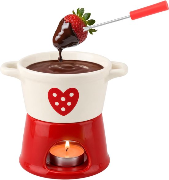 Chocoladefonduebeker - Mini-fonduebeker -Fonduebeker – Keramische chocoladesmeltbeker - Creatieve fonduebeker - Smeltbeker voor warme chocolademelk - Verwarmde smeltbeker - Verwarmde boter- en kaasbeker - Met vork - Kaars niet inbegrepen - Rood