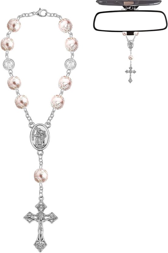 Christophorus Achteruitkijkspiegel Hanger, Geluks Pendant voor Auto, Decoratie voor Achteruitkijkspiegel, Bijbel Cadeau voor Gelovigen, Roze Kleur