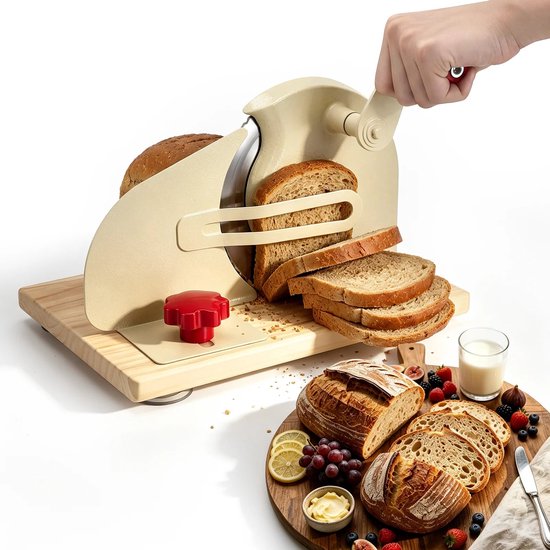 CINK & Co Broodsnijmachine 0-21 mm - Handmatig verstelbaar - Met handslinger - Vouwbaar - Hout en roestvrij staal - Beige