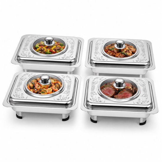 CINK Kitchen Warmhoudschalen 4-Delig - RVS met 4 Glazen Kijkdeksels - Chafing Dish voor Buffet en Catering