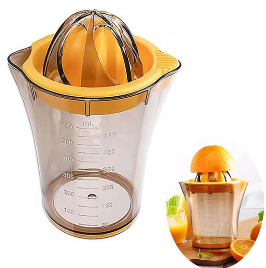 Citroenpers - Handmatige sapcentrifuge - Handmatige citruspers - Twee sapkoppen - Dubbele sapuitlaten - 600 ml - Snel en efficiënt persen - Antislipvoet - Geschikt voor het persen van citroenen en sinaasappels - Geel van Merkloos