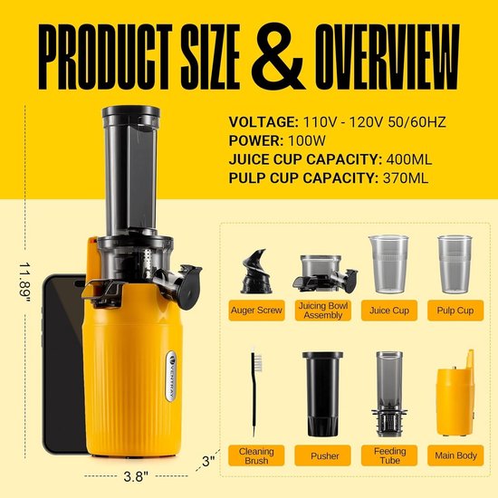 Citruspers elektrisch - Zonnig Geel - Compacte slowjuicer met 60 rpm lage snelheid - BPA-vrij materiaal - Voor gezonde sapextractie