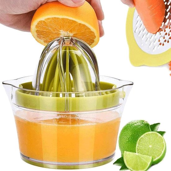 Citruspers met citroen en sinaasappel handknijper, ingebouwde maatbeker en rasp, groen