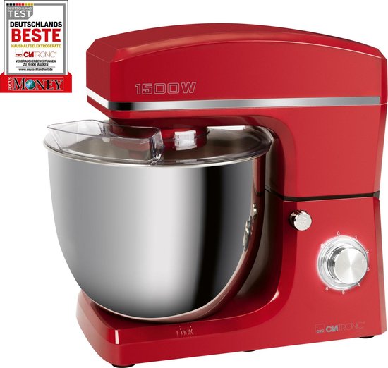Clatronic KM 3765 kneedmachine, 1500 W, 8 snelheden, 10 liter roestvrijstalen kom voor max. 6-6,5 kg, spatdeksel met navulopening, rood van Clatronic
