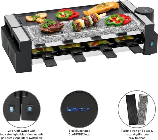 Clatronic RG 3678 - Gourmetset - 2in1 Raclette/Steengrill - 8 Personen